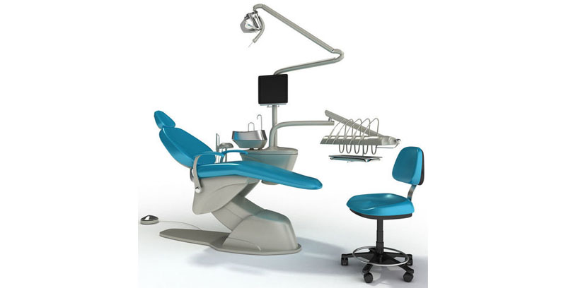 نمایی کامل از صندلی دندانپزشکی و اجزای متصل به آن در مطب دندانپزشکی